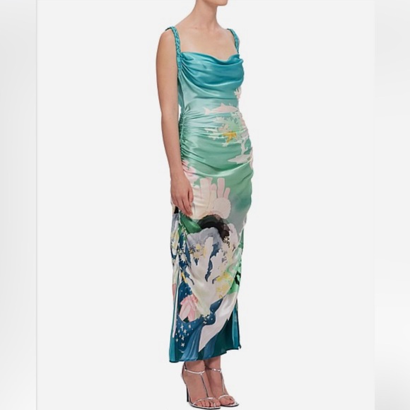 NWT Leo Lin Rachel Cowl Neck Silk Slip Dress Neptune Print in Sea Grass Size 12 - Picture 5 of 16